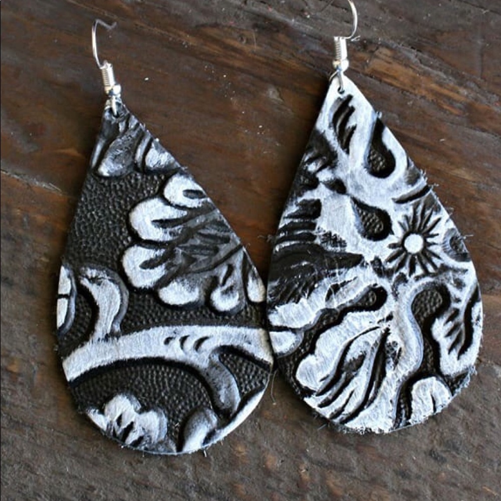 Vintage floral hand made leather earrings